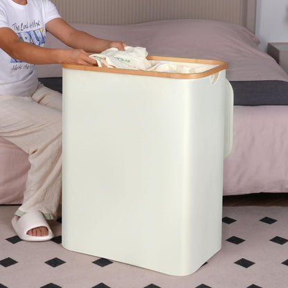 efluky Slim Laundry Basket with Lid, Narrow Laundry Hamper with Removable Bag, Skinny Dirty Clothes Basket with Bamboo Handles for Bathroom, Bedroom & Laundry Room, 75L Beige
