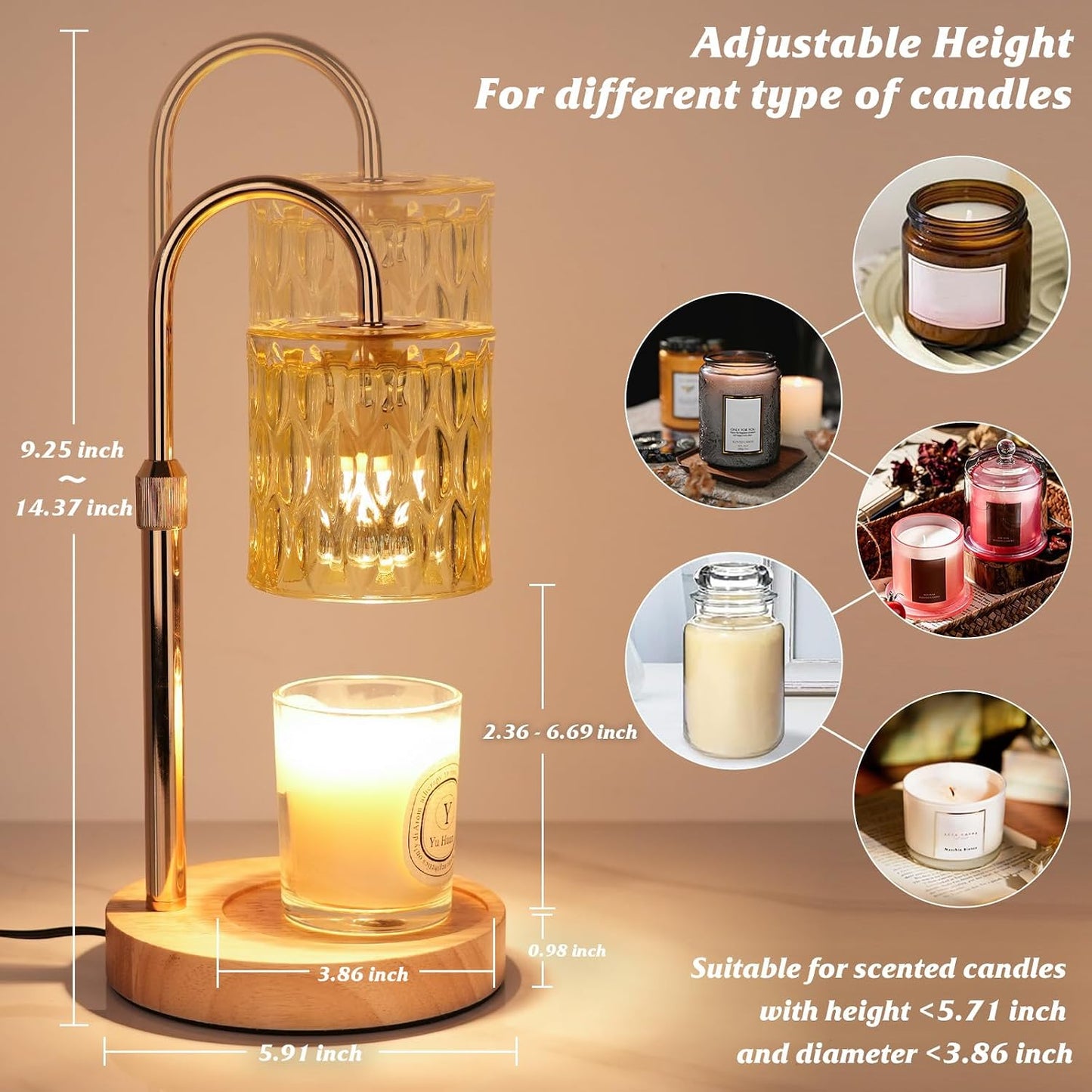 Candle Warmer Lamp with Timer and Dimmable, Electric Wax Melt Candle Warmers Height Adjustable with 2 Bulbs, Birthday Gifts for Women House Warming, Home Decor for Scented Jar Candles(Clear)