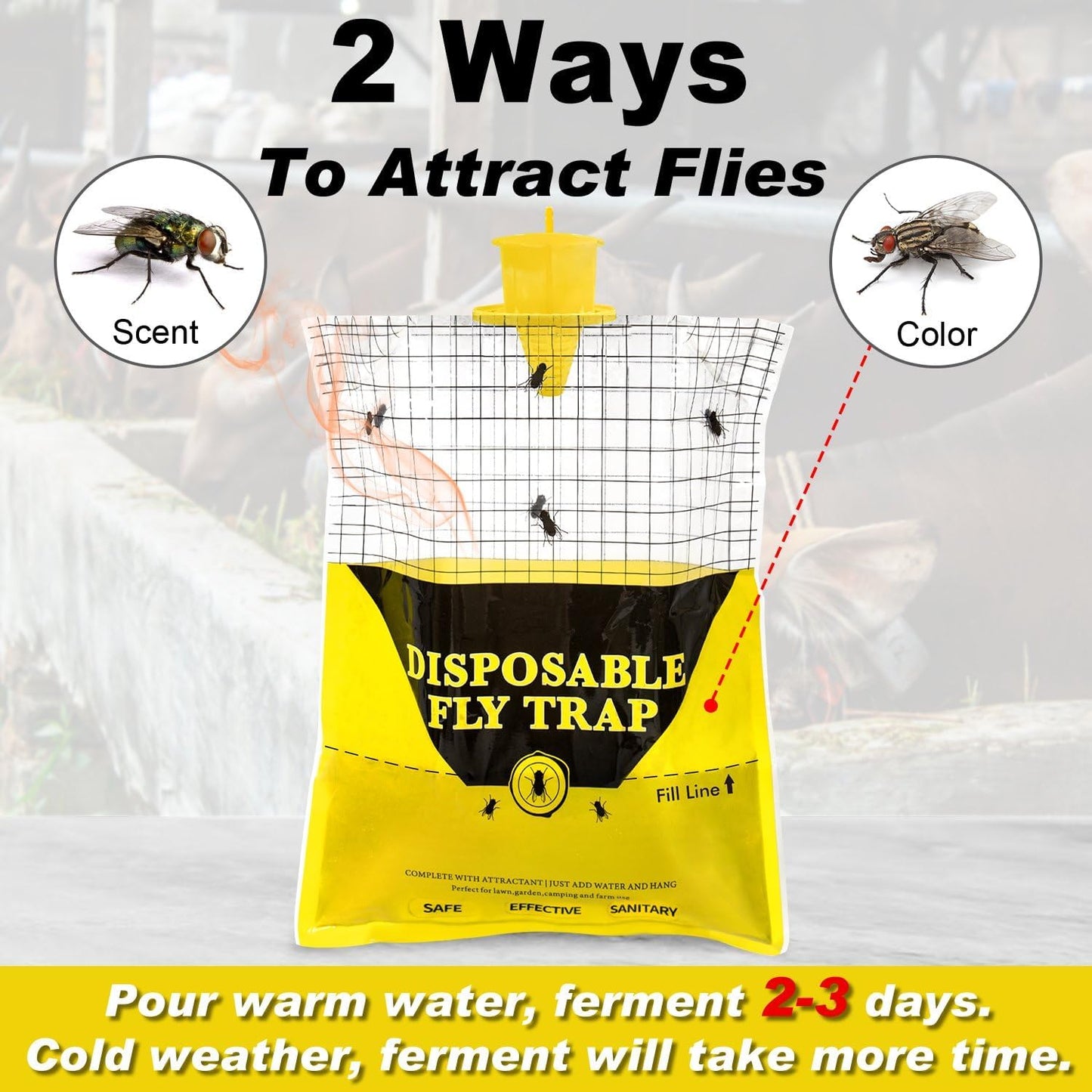 Outdoor Fly Traps for Patio, 4 Pack Pre-Baited Big Fly Bags Outdoor Disposable, Hanging Fly Catcher Hunter Stable Horse Ranch Control Repellent Killer for Barn, Farm