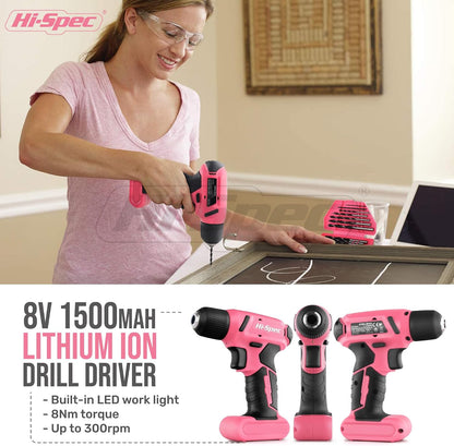 Hi-Spec Tool Kit with 3.6V USB Small Electric Screwdriver Set, Pink Drill Set for Women, Tool Kit for Home