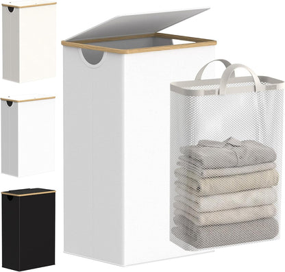 efluky Slim Laundry Basket with Lid, Narrow Laundry Hamper with Removable Bag, Skinny Dirty Clothes Basket with Bamboo Handles for Bathroom, Bedroom & Laundry Room, 75L Beige