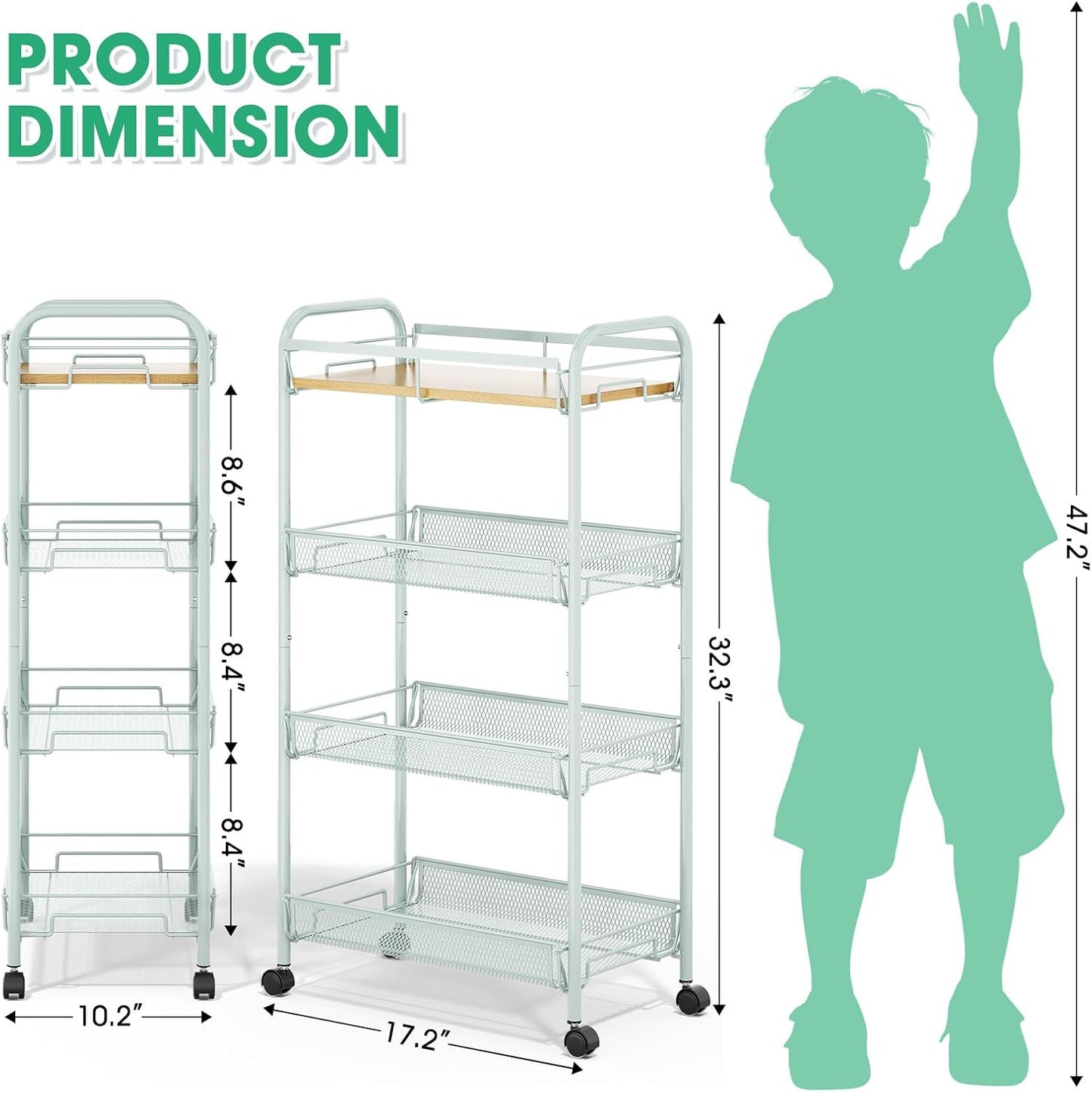 TOOLF 4-Tier Slim Rolling Cart, Metal Utility Cart, Slide Out Storage Cart with Wooden Tabletop and Mesh Baskets for Narrow Space on Kitchen Bathroom Laundry Room Bedroom Apartments Dormitory