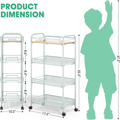 TOOLF 4-Tier Slim Rolling Cart, Metal Utility Cart, Slide Out Storage Cart with Wooden Tabletop and Mesh Baskets for Narrow Space on Kitchen Bathroom Laundry Room Bedroom Apartments Dormitory