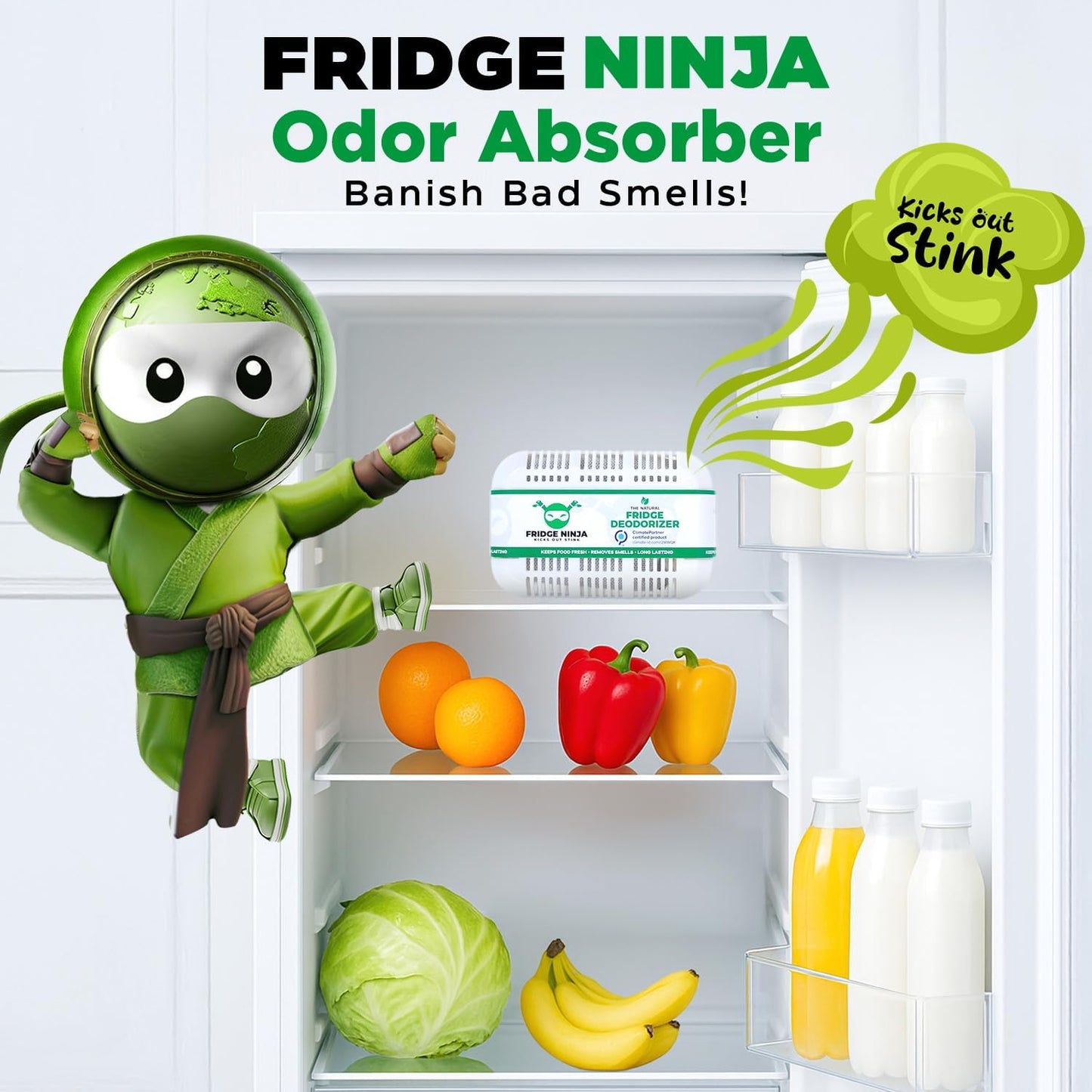Fridge Ninja Fridge Deodorizer (2 Pack) - More Effective Than Baking Soda - Natural and Unscented Activated Charcoal Refrigerator Deodorizer and Odor Eliminator for Freezers, Coolers, and Lunch Boxes