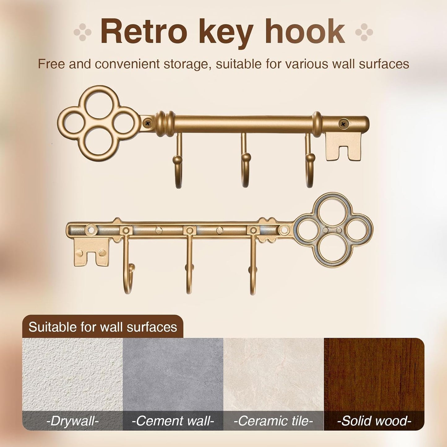 Classic Wall Mounted Key Holder Hook Rack, Vintage Key Rack for Entryway (Gold)