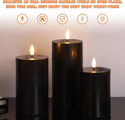 Black Flameless Pillar Candles with Remote, Flickering LED Wax Candles Battery Operated Set of 3