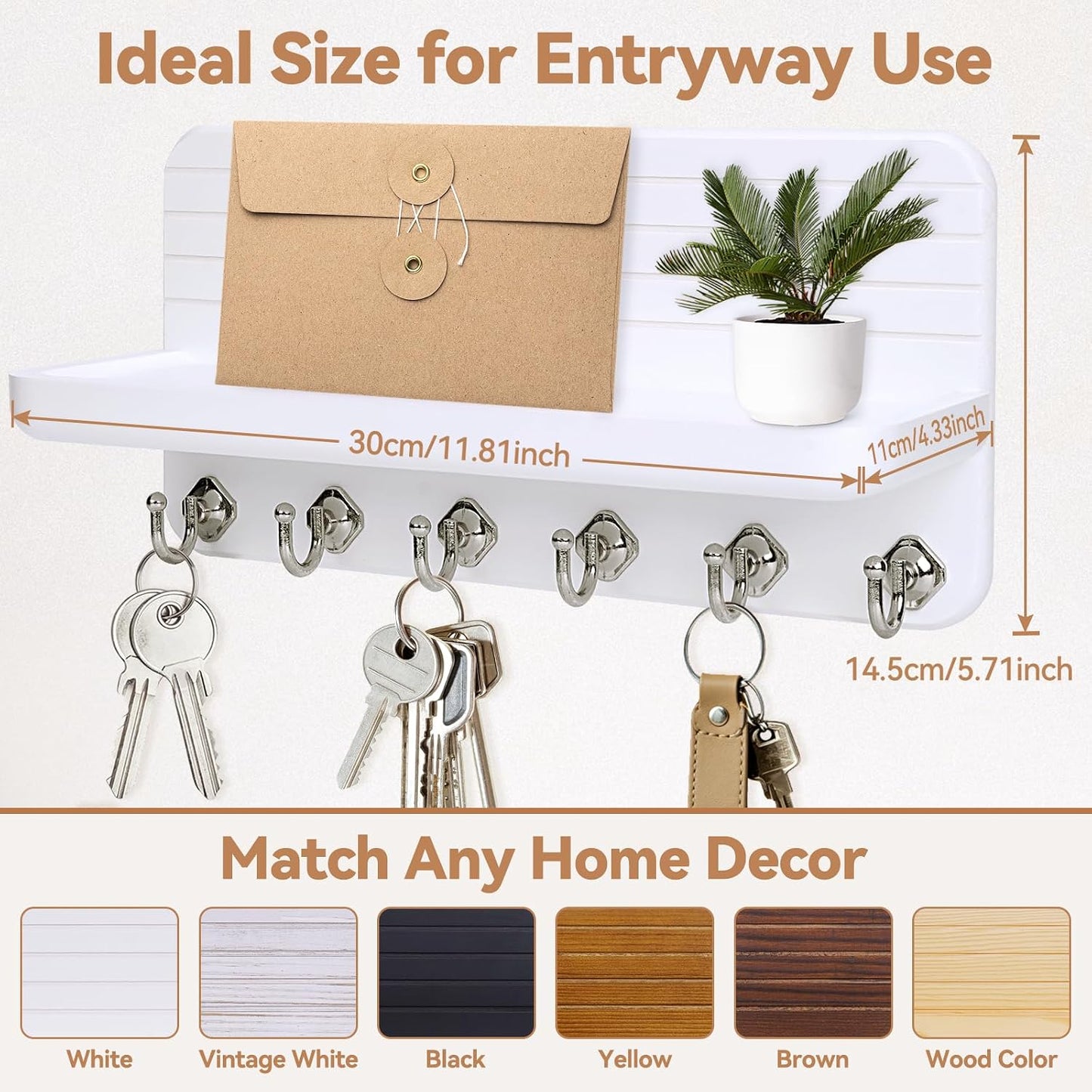 Key Holder for Wall, Mail Organizer Wall Mount with 6 Hooks Wooden Hanging Key Rack for Home Decor, Hallway, Entryway (Brown)