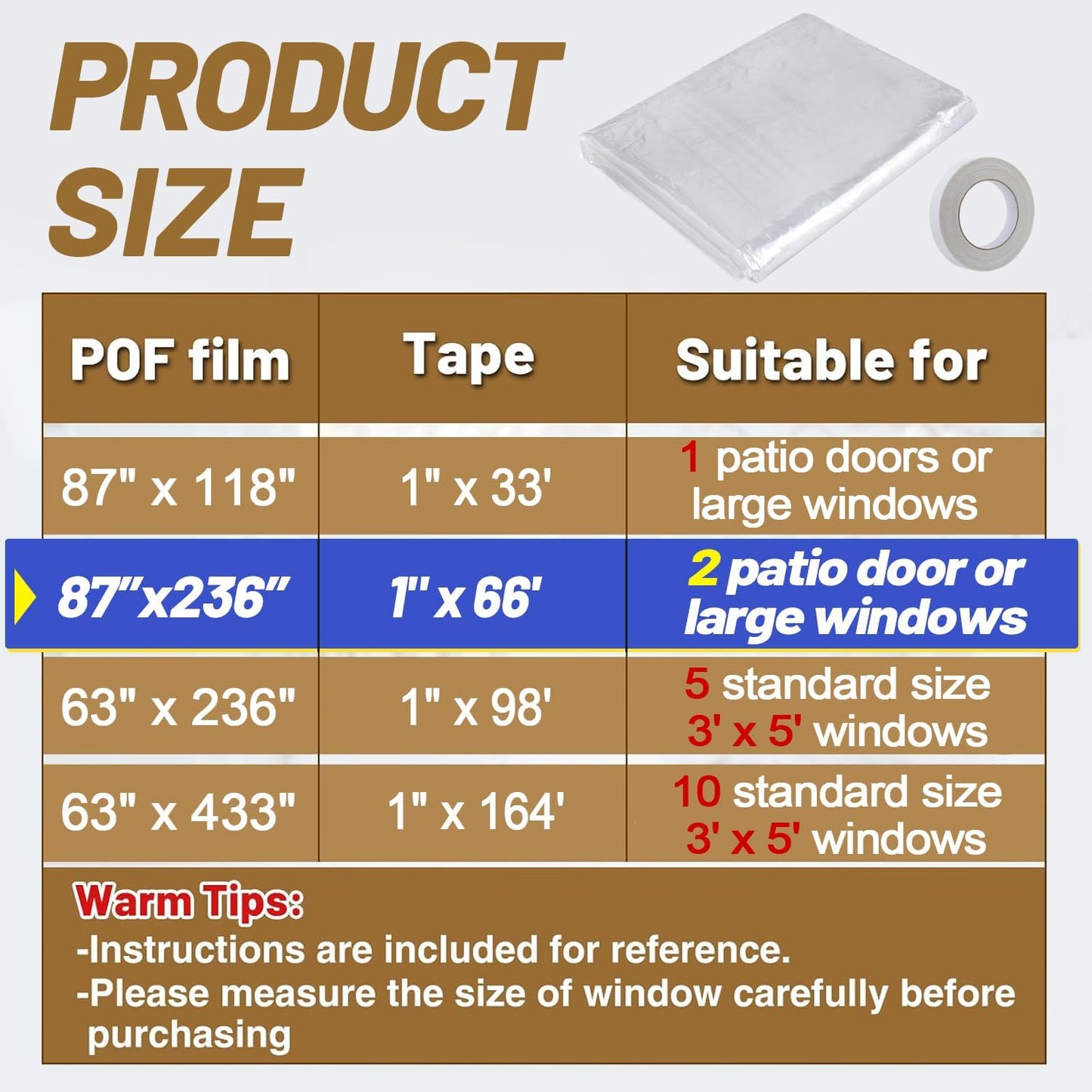 Apipi Patio Door Window Insulation for Winter - 87 x 236 in Thicken Sealing Plastic for Winterizing, Clear Shrink Film Cover Kit with Double-Side Tape for Large Window/ Sliding Door/French Door