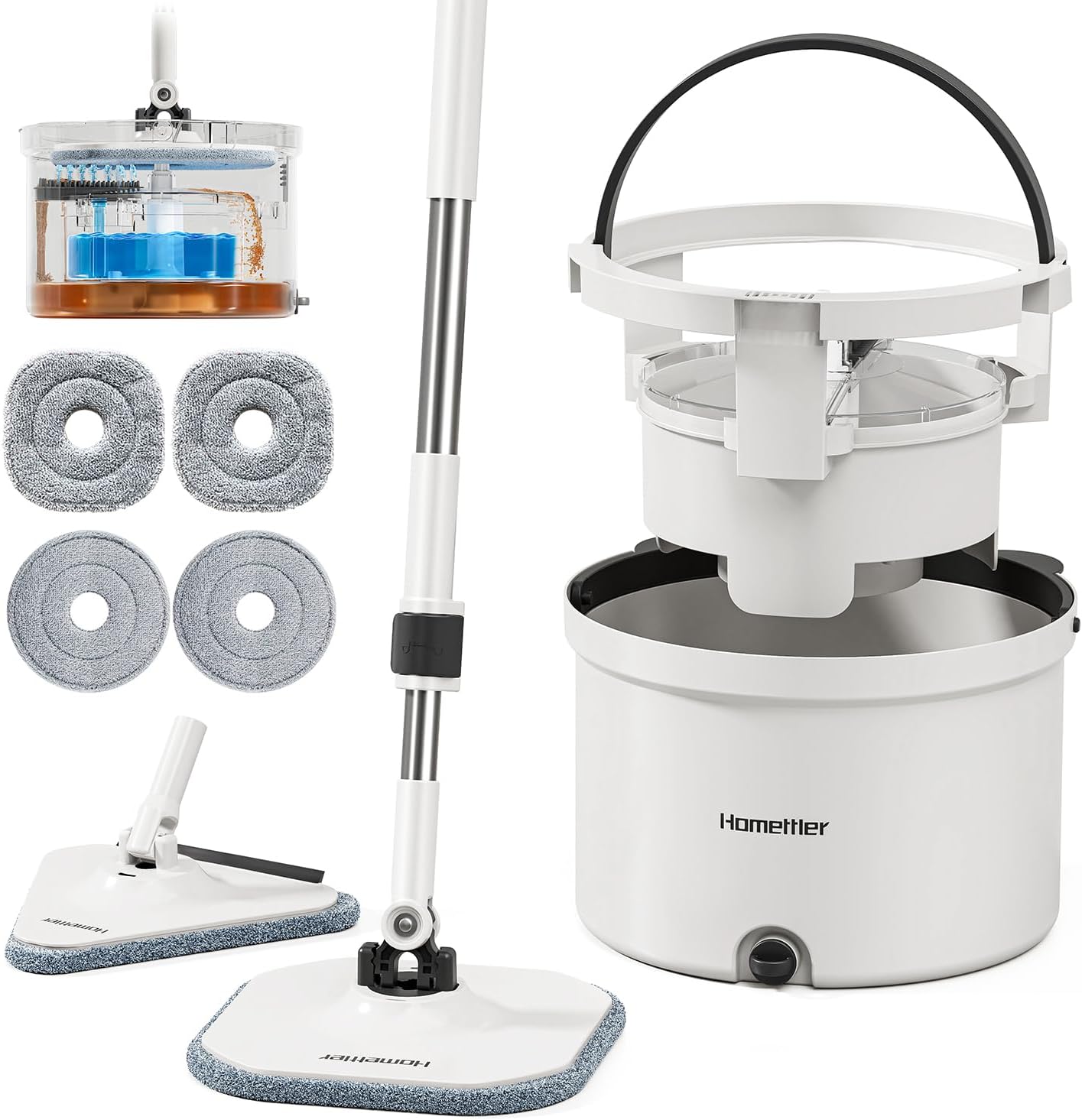 HoMettler Mop and Bucket Set, Spin Mop and Detachable Inner Mop Bucket with Separate Dirty/Clean Water System, Self-Wringing Square Mops for Floor/Wall Cleaning with 6 Microfiber Pads