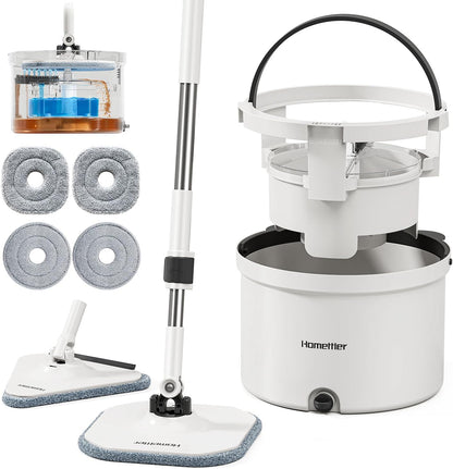 HoMettler Mop and Bucket Set, Spin Mop and Detachable Inner Mop Bucket with Separate Dirty/Clean Water System, Self-Wringing Square Mops for Floor/Wall Cleaning with 6 Microfiber Pads