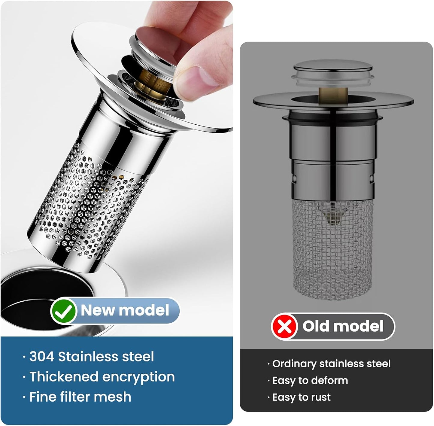 Bathroom Sink Drain Strainer for 1.1"-1.45" Basin Drain Holes(2 Pcs) | Pop Up Sink Drain Filter with Removable Stainless Steel Filter Basket Hair Catcher Plug