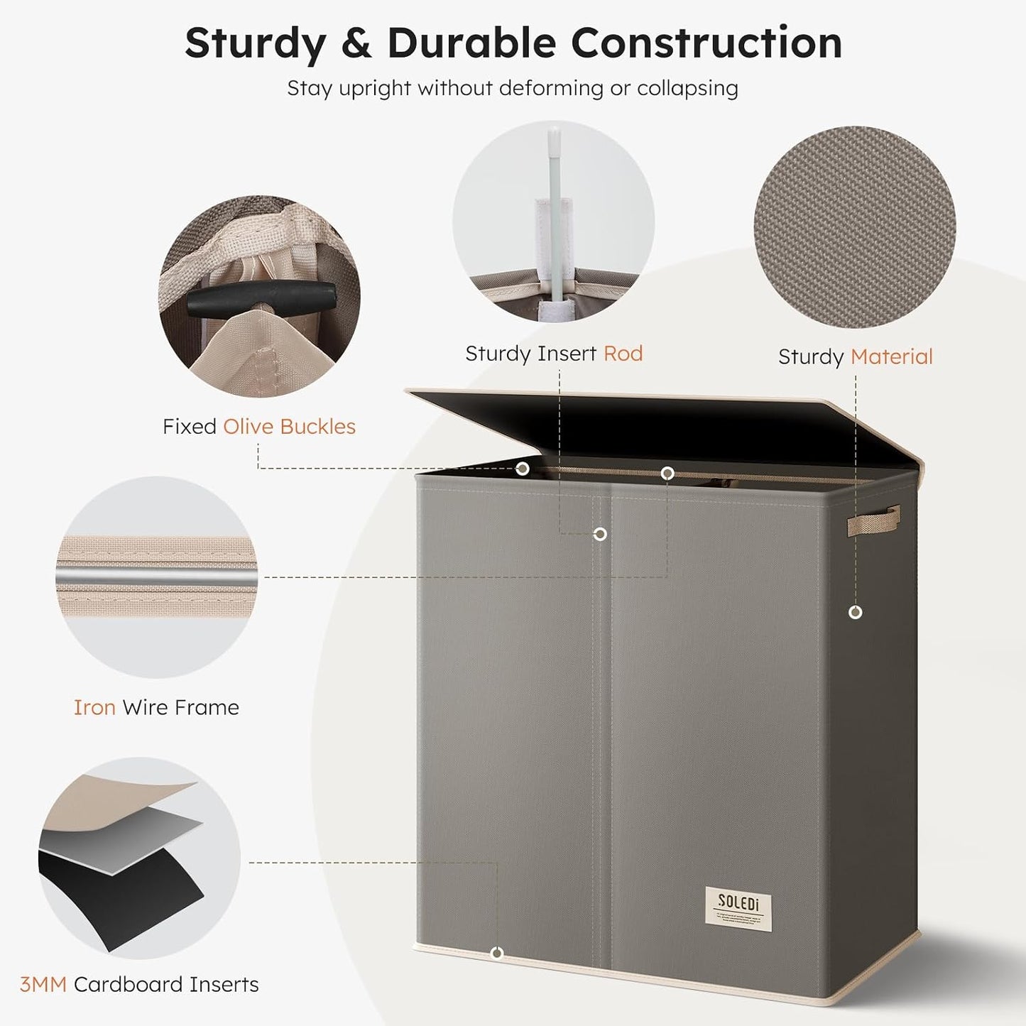 SOLEDI Luxury Double Laundry Hamper with Lid and Removable Bags, 38.3 Gal Large Laundry Bin, Laundry Basket 2 Sections, Collapsible Clothes Hamper for Bedroom, Laundry Room, Bathroom, Off-white