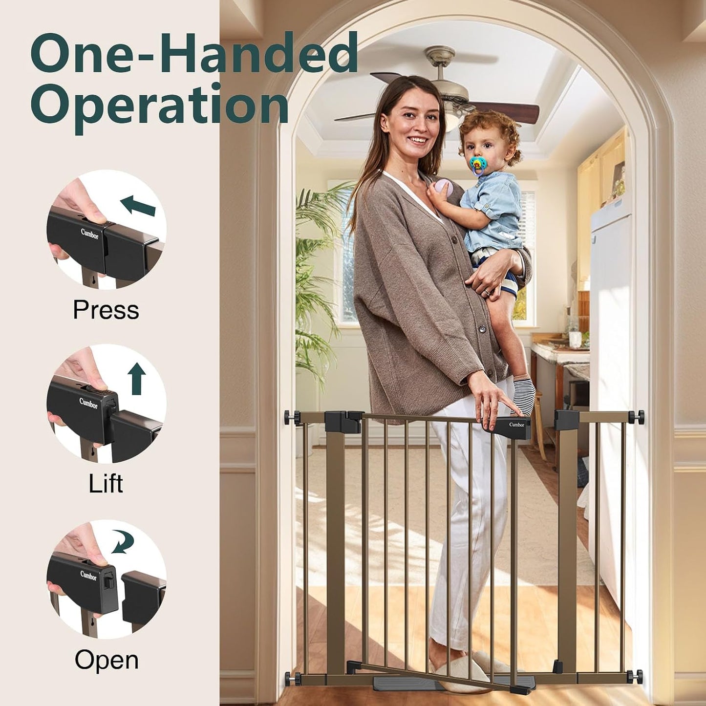Cumbor 29.7-48" Baby Gate for Stairs, Mom's Choice Awards Winner-Dog Gate for Doorways, Auto Close Safety Pet Gate for Dogs Indoor, Easy Install Pressure Mounted Child Gate with Walk Thru Door, Brown