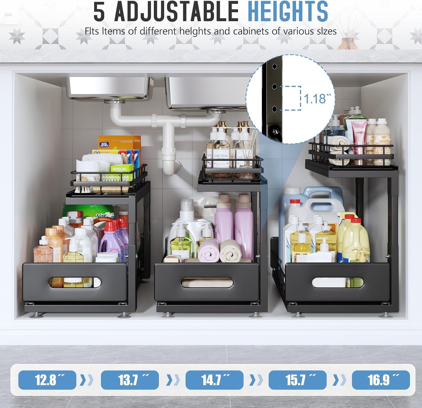 Under Sink Organizer Upgrade To Professional Rails,2-Tier Dual Pull Out Cabinet Storage,Height Adjustable Slide Out Drawers For Bathroom Kitchen,2 Pack-14.5" Dx12.8-16.9" H,White
