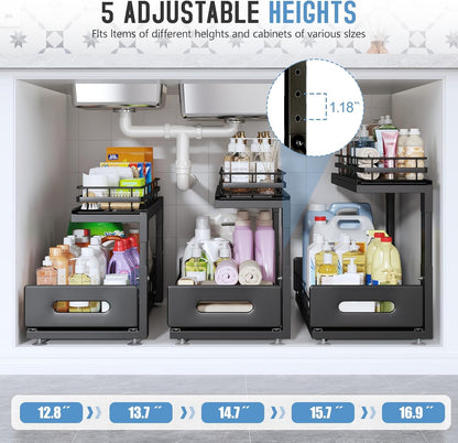 Under Sink Organizer Upgrade To Professional Rails,2-Tier Dual Pull Out Cabinet Storage,Height Adjustable Slide Out Drawers For Bathroom Kitchen,2 Pack-14.5" Dx12.8-16.9" H,White