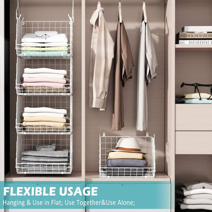 X-cosrack 4 Tier Closet Hanging Organizer, Foldable Closet Shelving with 2 Hanging Hooks 5 S Hooks, Wire Storage Basket for Wardrobe Laundry Room, for Clothing Sweaters Shoes Handbags Patent-White