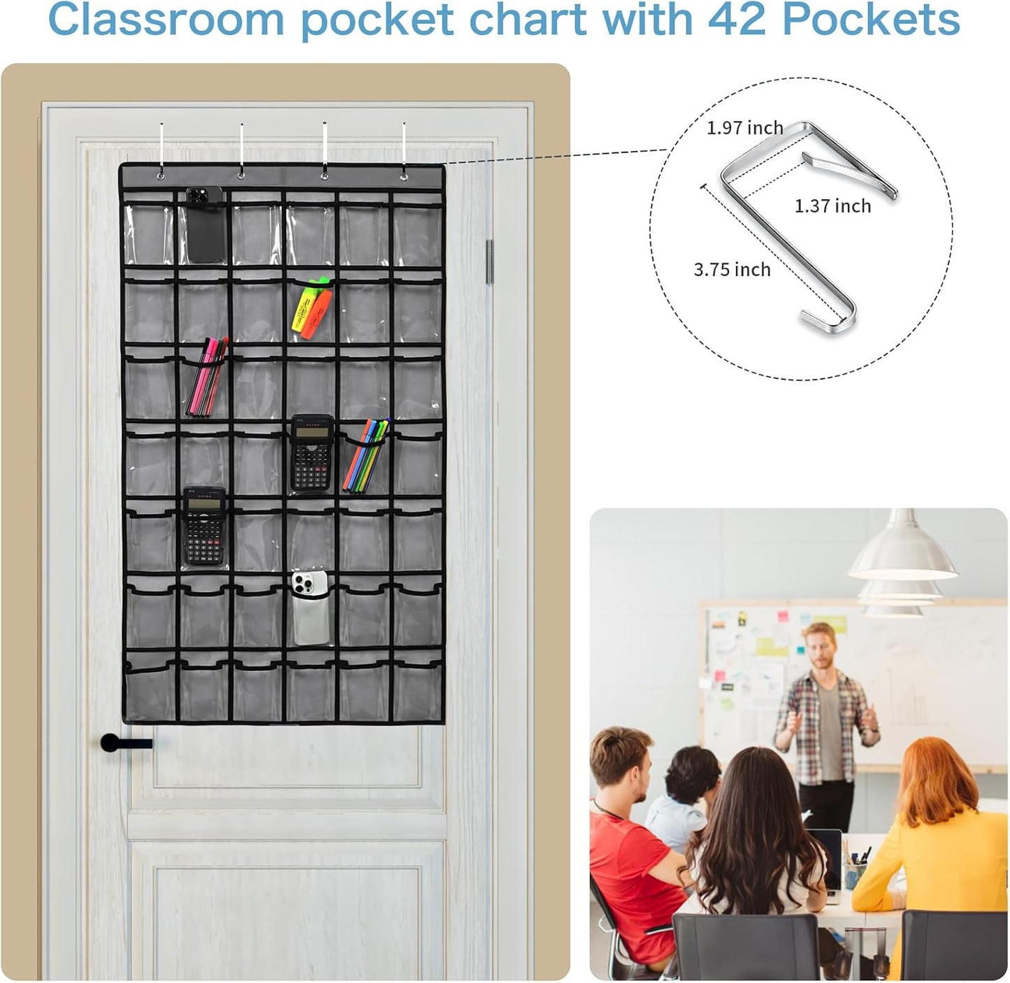 SAVERHO 36 Clear Pockets Classroom Pocket Chart for Cell Phone and Calculator Holder, Door Hanging Pocket Chart for Classroom Phone Holder with Number Sticker and Hooks (Blue)