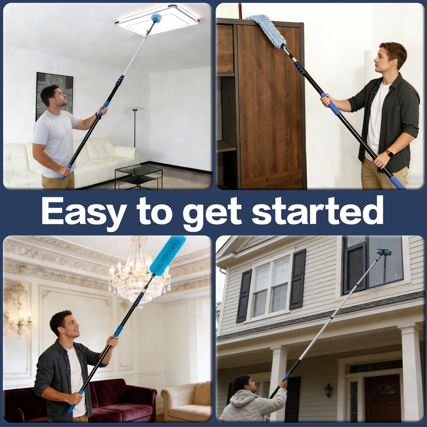 26FT High Reach Duster Cleaning Kit with 5-20 FTExtension Pole, High Ceiling Fan Cleaner Duster Tool for Fan Blades, Extendable Reusable Cobweb, Feather, Window Cleaning Squeegee Kit (20FT)
