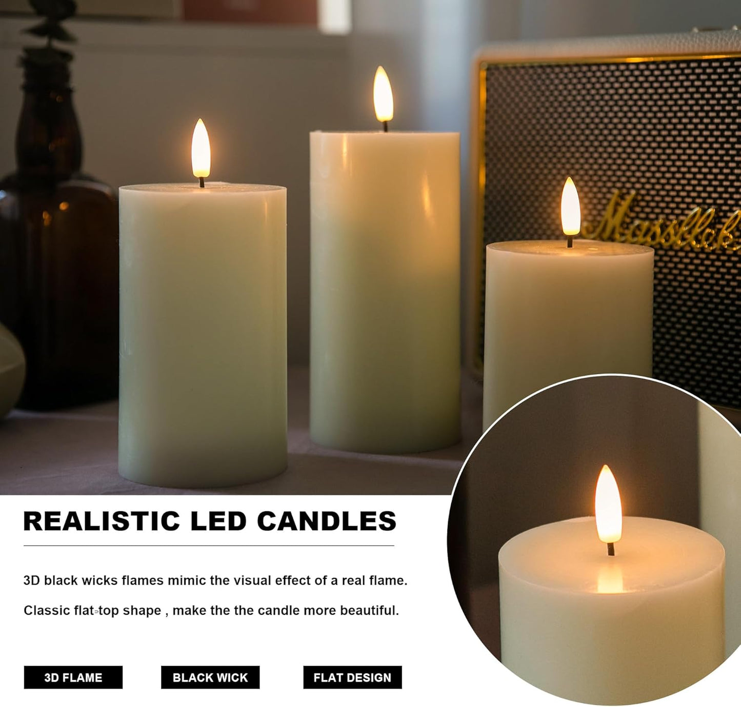 White Flameless Pillar Candles, Battery Operated Wax Candles with Remote, Flat Top Flickering Flameless Candles, LED Candle for Home, Wedding, Party Decor, Set of 3, Φ 3" H 4" 5" 6"
