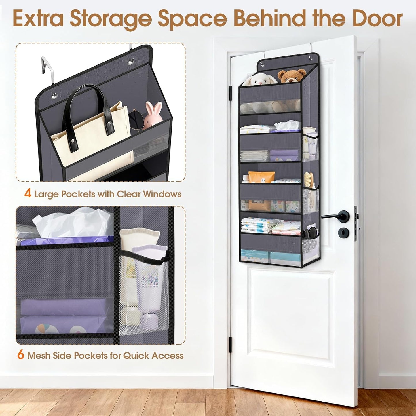WISELIFE Over The Door Organizer Storage with 4 Large Pockets Door Hanging Organizer with Clear Windows behind The Door Storage for Nursery Bedroom Bathroom Pantry Closet and Baby Essentials Dark Grey