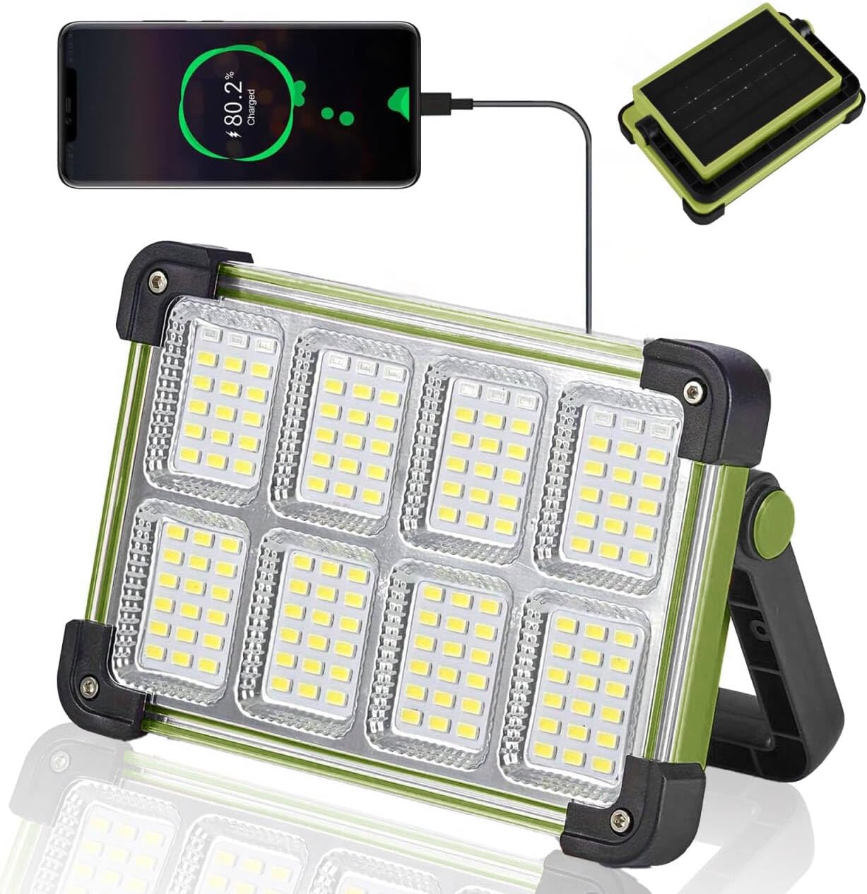 120W Solar Rechargeable Work Light, 144 LED 10000LM Portable Flood Light with Stand, IP66 Waterproof 4 Modes LED Job Site Lighting Flashlights for Mechanic Camping Fishing Car Repair