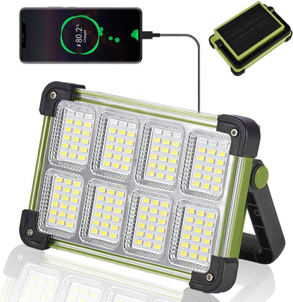 120W Solar Rechargeable Work Light, 144 LED 10000LM Portable Flood Light with Stand, IP66 Waterproof 4 Modes LED Job Site Lighting Flashlights for Mechanic Camping Fishing Car Repair