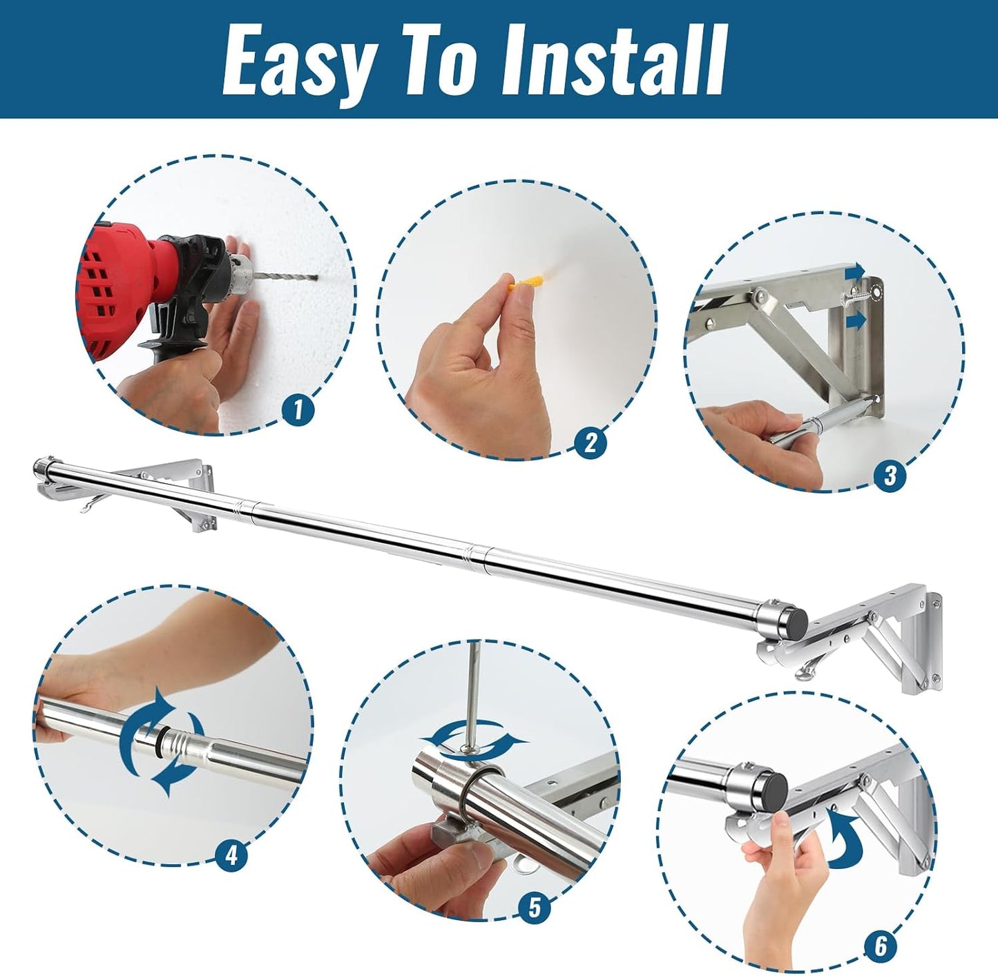 Foldable Wall Mounted Clothes Rack-30'' Long Rod&2 Thick Bases,Stainless Steel,Multi-Purpose for Space-Saving Garment Rack/Clothes Drying Rack/Clothes Hanger,Detachable and Top Shelf Room Reserved