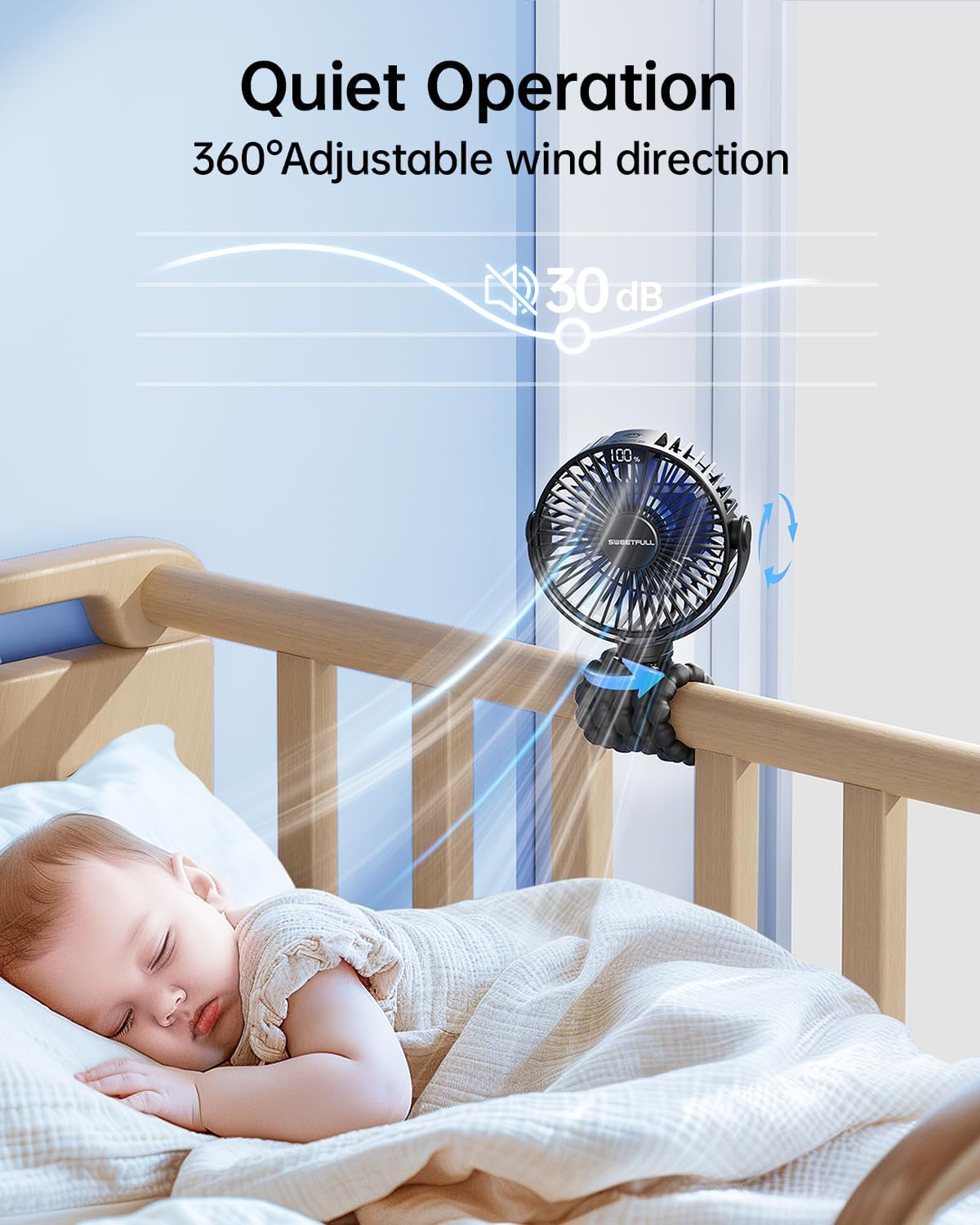 SWEETFULL [2026 Upgrade Portable Stroller Fan with LED Display, 4 Speed Rechargeable Mini Clip On Fan, 360° Rotate Flexible Tripod Better Cooling Small Baby Fan for Car Seat Crib Travel Treadmill