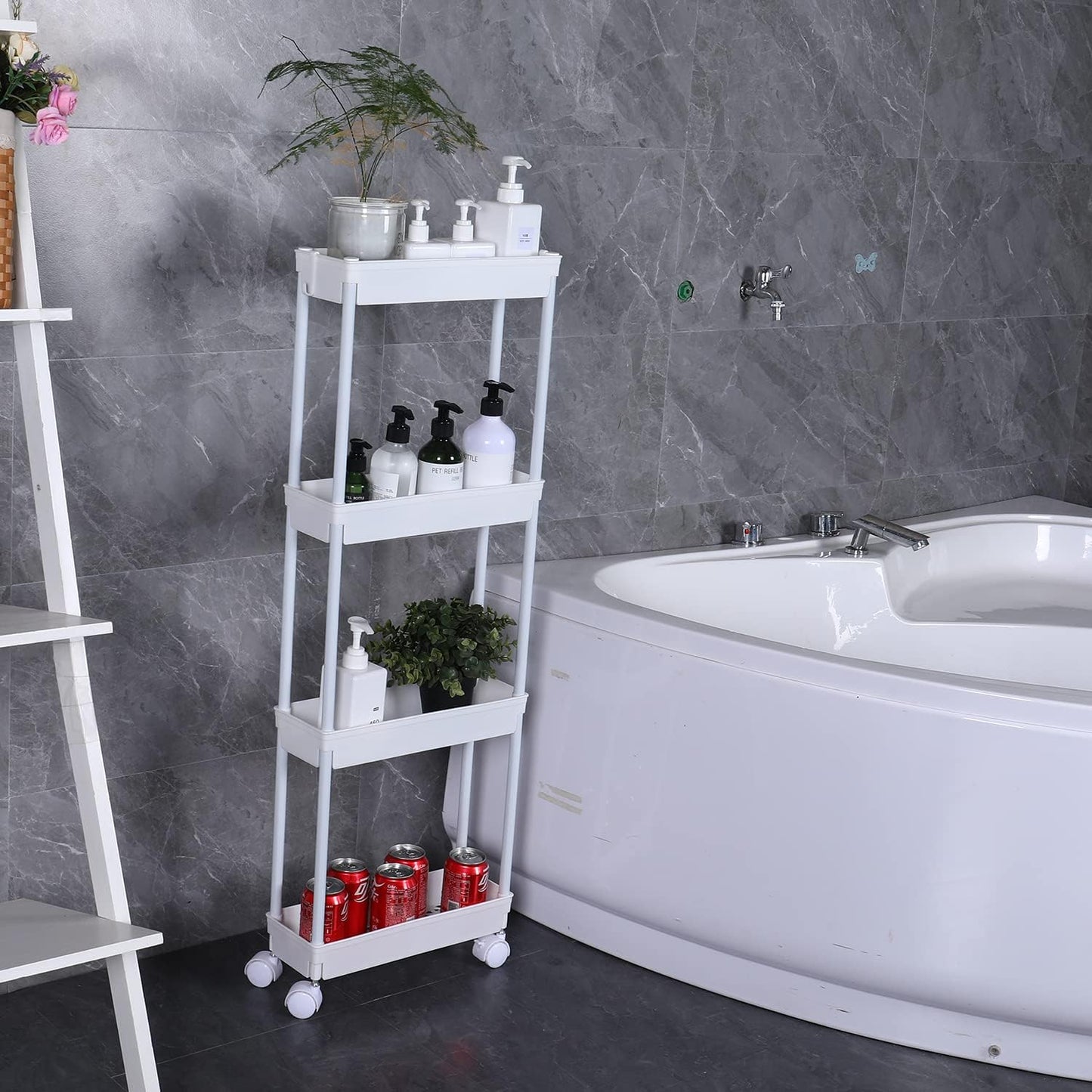 Sooyee 3 Tier Rolling Cart with Wheels, Slim Storage Cart, Under Desk Narrow Rolling Utility Cart Storage Organizer for Office Bathroom Kitchen Laundry Room Narrow Places, White, Plastic and Metal