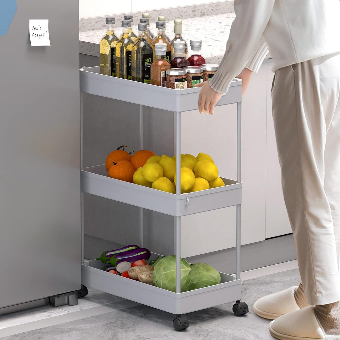 SPACELEAD 3 Tier Rolling Cart with Wheels, Storage Craft Art Trolley Organizer Serving, 3 Hanging Baskets Easy Assembly, for Office, Bathroom，Living Room, Kitchen, White