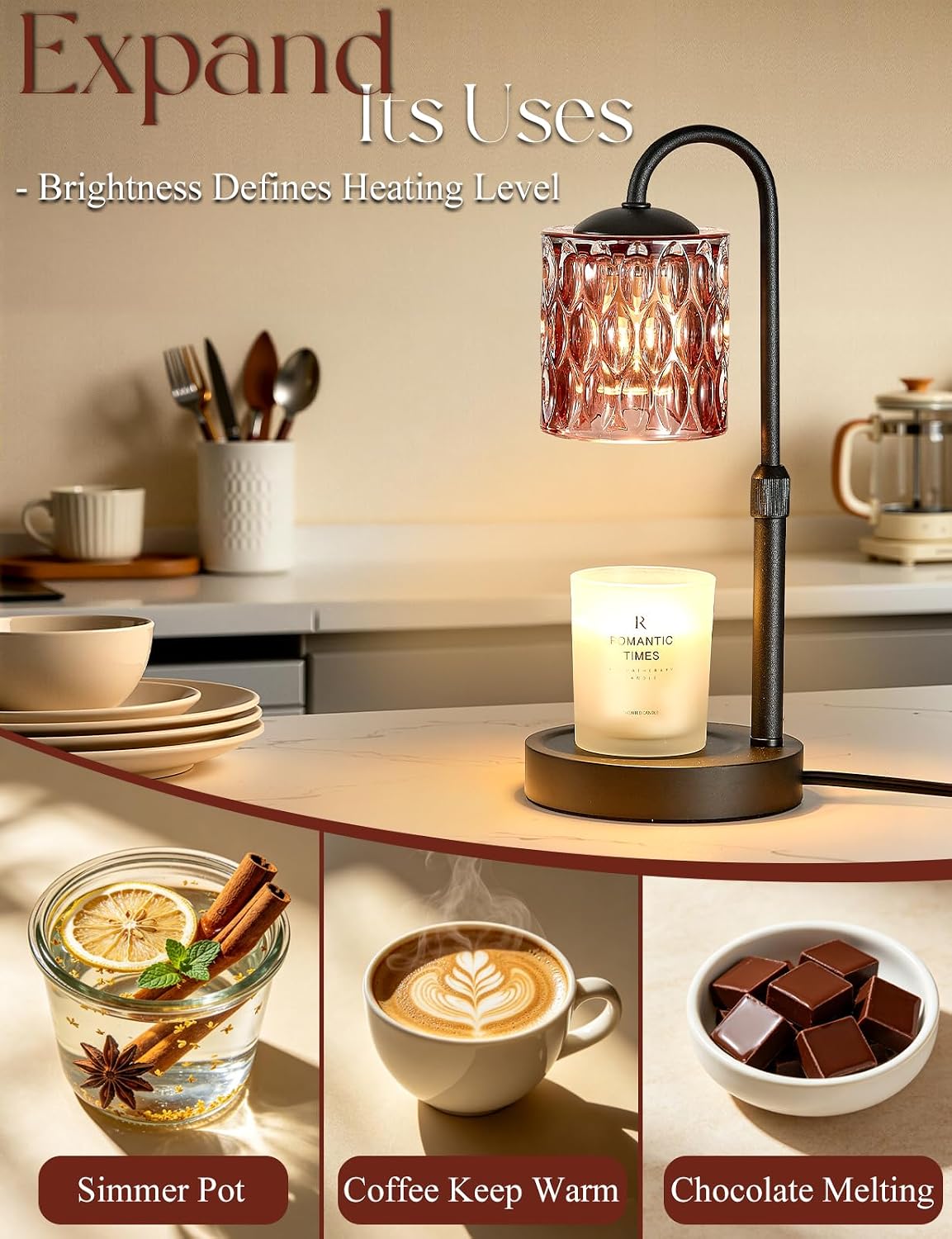 Briever Dimmable Candle Warmer Lamp with Timer, Height Adjustable Electric Candle Wax Warmer, Christmas Birthday Gifts for Women Mom, House Warming Gifts New Home Room Decor, Walnut Solid Wood Base