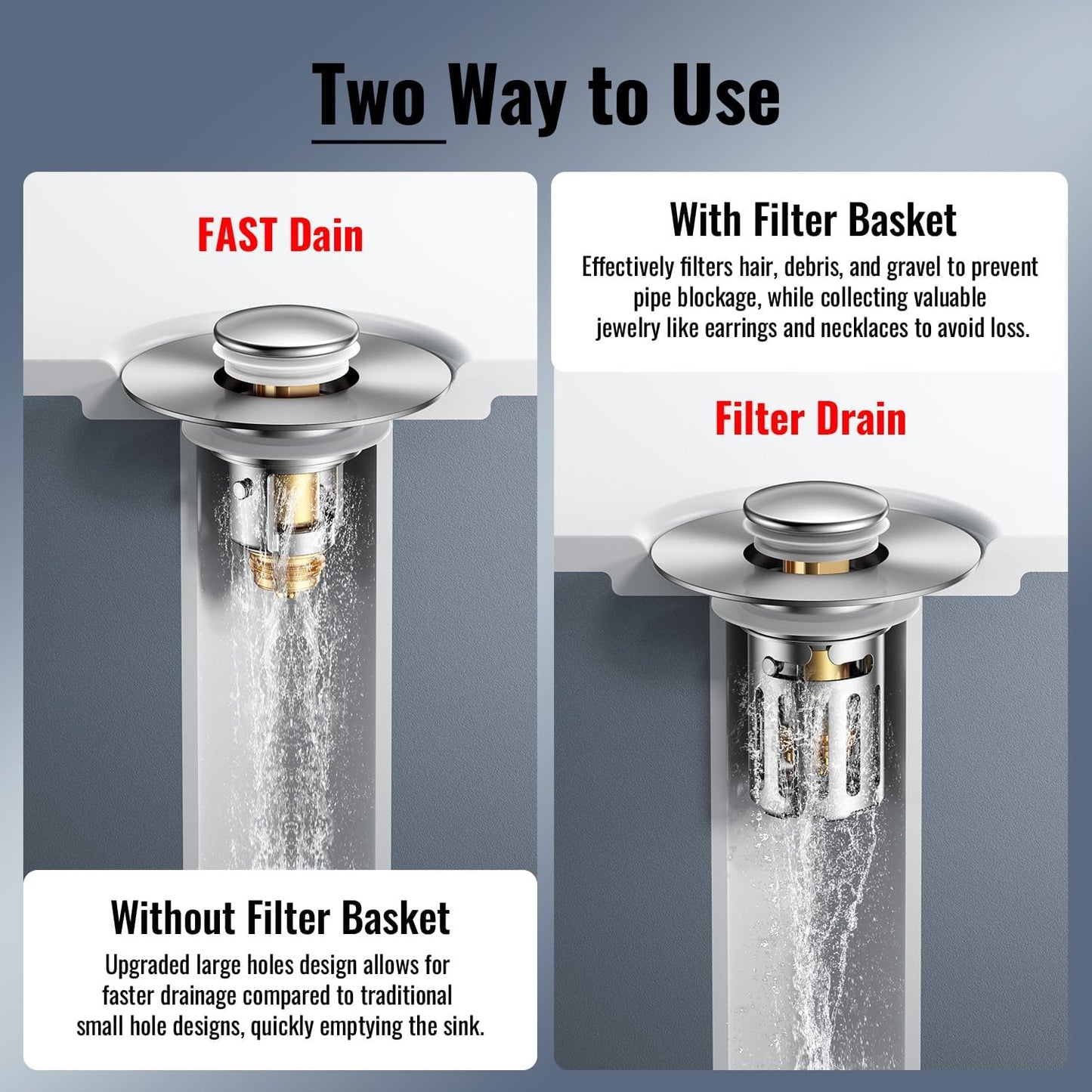 5-in-1 Bathroom Sink Stopper, 2 Pc Pop-Up Sink Drain Strainer with Removable Bascket, Anti-Clog Strainer, Odor Blocking & One-Way Flow Design, Brass & Stainless Steel All Metal Made, Fit 1.1"–2.36"
