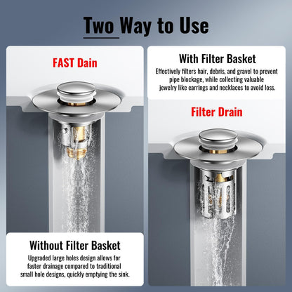 5-in-1 Bathroom Sink Stopper, 2 Pc Pop-Up Sink Drain Strainer with Removable Bascket, Anti-Clog Strainer, Odor Blocking & One-Way Flow Design, Brass & Stainless Steel All Metal Made, Fit 1.1"–2.36"