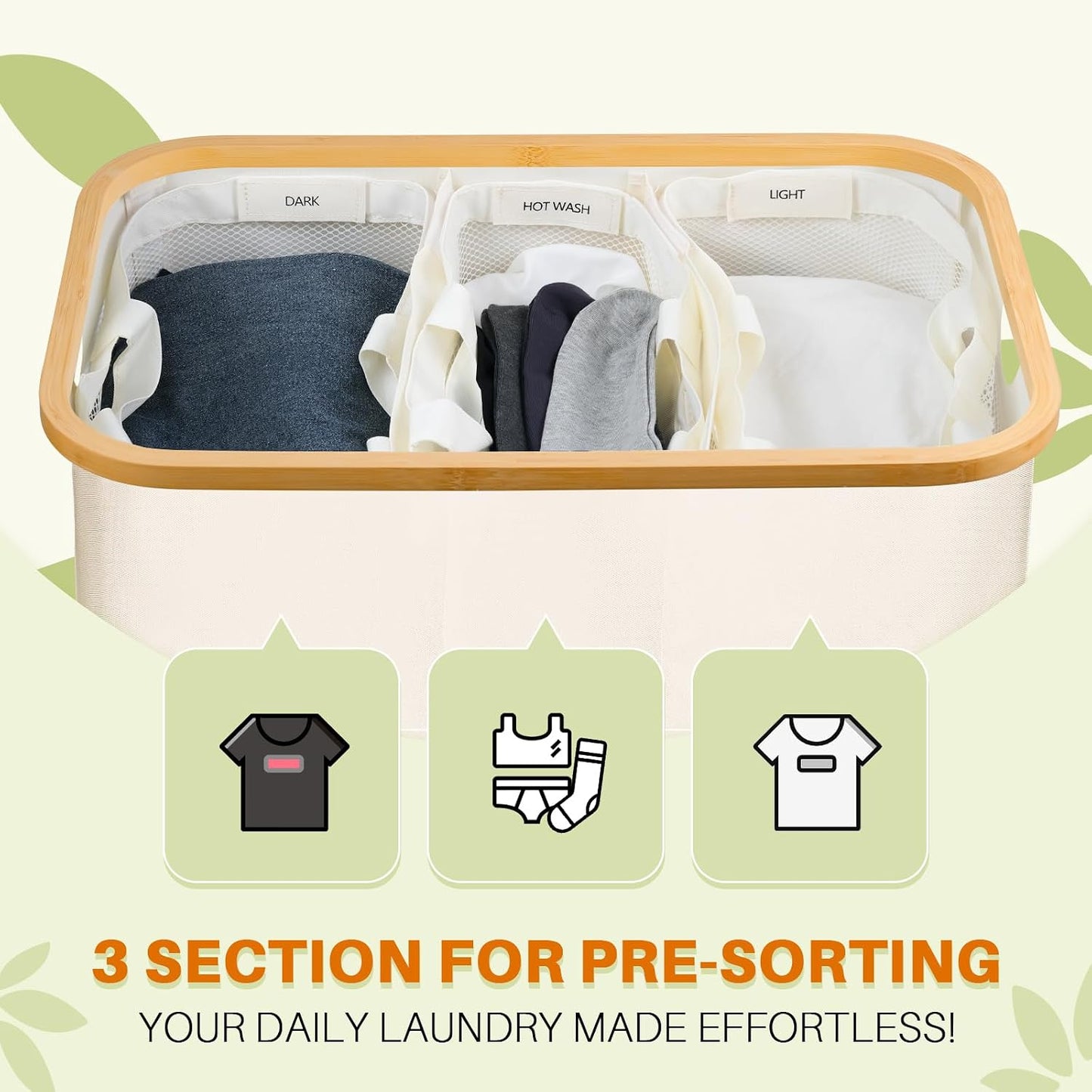 160L Laundry Hamper with Lid, 3 Section Laundry Basket with 3 Removable Bag | Clothes Hampers for Laundry with Bamboo Frame Handle, Large Dirty Clothes Hamper for Laundry Room, Bathroom, Bedroom, Black