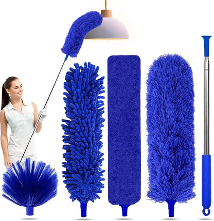 Duster with Extension Pole - Blue | 5-in-1 Kit Dusters for Cleaning, Extendable Duster with 100 Inches, Microfiber Dusters for Ceiling Fans, Furniture, Blinds