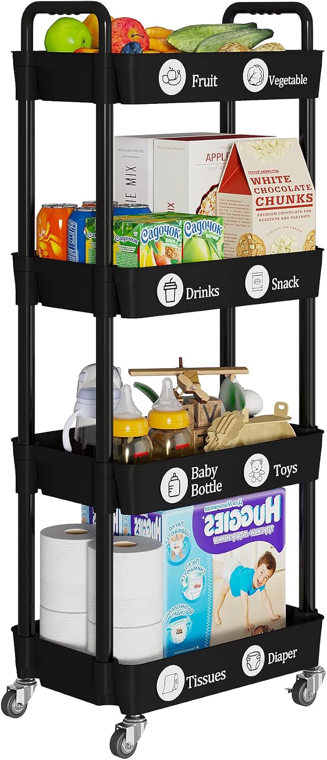 Laiensia 3-Tier Rolling Cart with Wheels,Multifunction Utility Storage Carts, Kitchen Storage Organizer,Mobile Shelving Unit for Bathroom,Laundry,with Classified Stickers,White