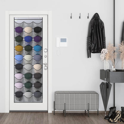 Baseball Hat Rack, 24 Pocket Over-The-Door Hat Organizer with Clear Deep Pockets to Display Baseball Caps Collection, Complete with 3 Over Door Hooks (Black, 24 Pockets)