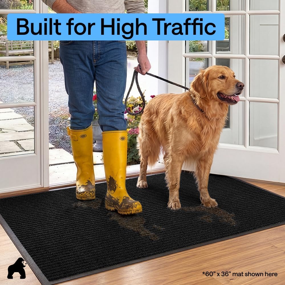 GORILLA GRIP Waterproof Traffic Guard Door Mat, Heavy Duty Entryway Mats, Strong Backing Commercial Utility Rugs for Office Hallway, Garage Floor and Home, Low Profile Carpet Runner, 29x17, Black