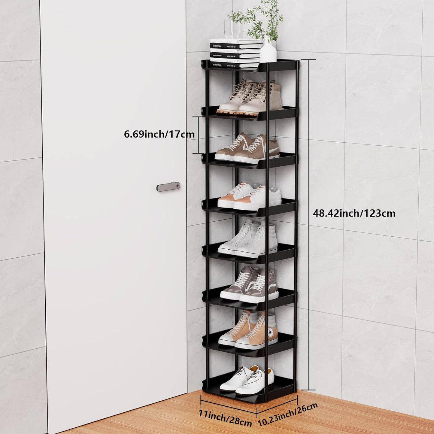 6 Tier Vertical Narrow Shoe Rack, Stackable Tall Skinny Shoerack, Compact Single Shoes Storage Tower for Slim Space, Corner Plastic Shelves, for Hallways, Entryway, Bedrooms Organizer, Black