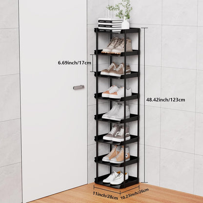 6 Tier Vertical Narrow Shoe Rack, Stackable Tall Skinny Shoerack, Compact Single Shoes Storage Tower for Slim Space, Corner Plastic Shelves, for Hallways, Entryway, Bedrooms Organizer, Black