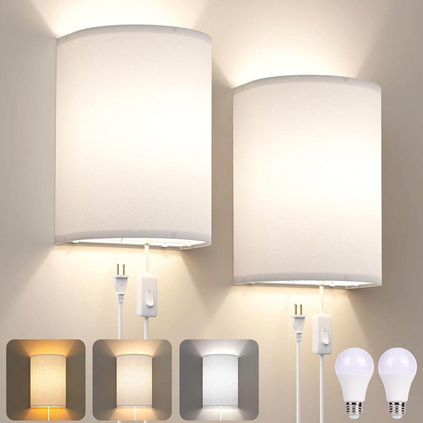 Battery Operated Wall Sconce Set of Two: 10000mAh Wireless Wall Light with Rechargeable Magnetic Bulb - Dimmable Wall Lamp with 7 RGB Colors - Linen Shade Sconces with Remote for Bedroom Living Room
