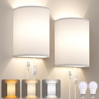 Battery Operated Wall Sconce Set of Two: 10000mAh Wireless Wall Light with Rechargeable Magnetic Bulb - Dimmable Wall Lamp with 7 RGB Colors - Linen Shade Sconces with Remote for Bedroom Living Room