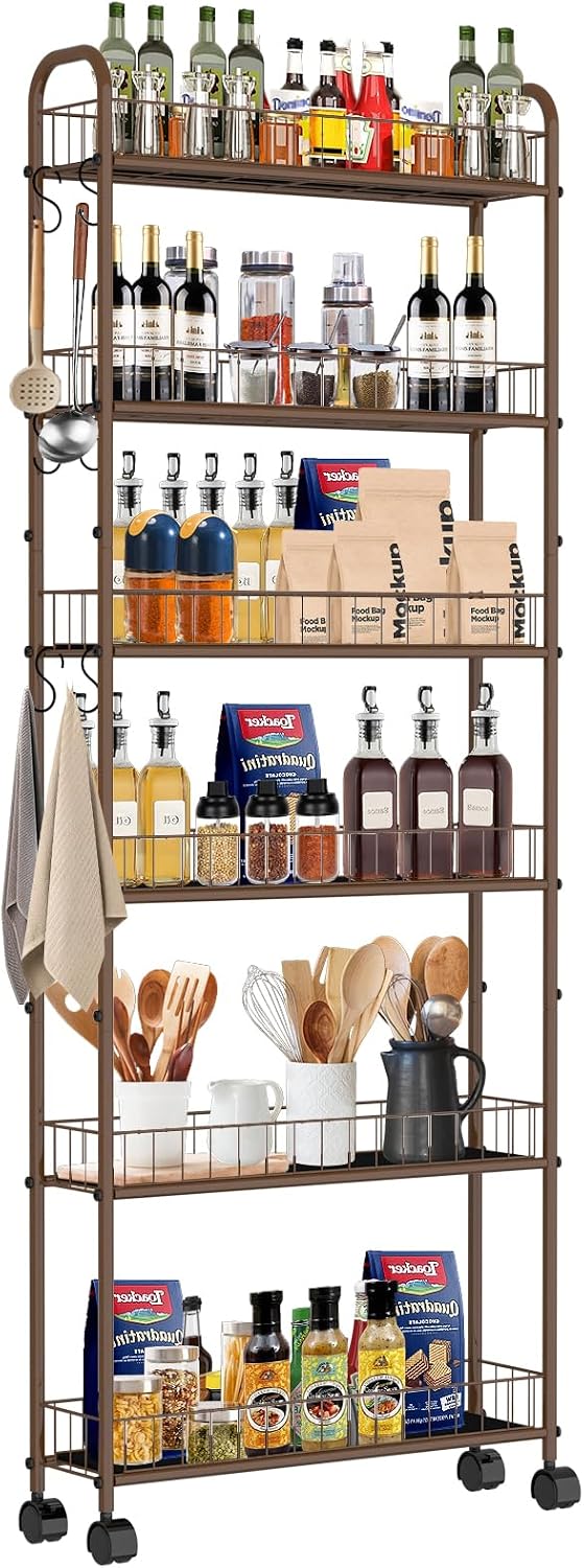 10in 6-Tier Slim Storage Cart with Wheels, Metal 10in Wide Black Narrow Rolling Shelf, Sturdy Slim Storage with Hooks Ideal for Kitchen, Bathroom, and Laundry Room