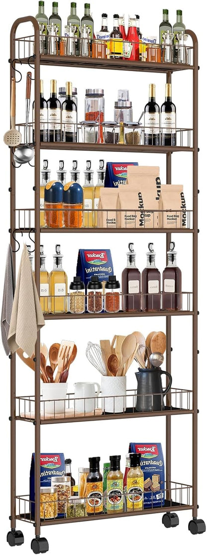 10in 6-Tier Slim Storage Cart with Wheels, Metal 10in Wide Black Narrow Rolling Shelf, Sturdy Slim Storage with Hooks Ideal for Kitchen, Bathroom, and Laundry Room