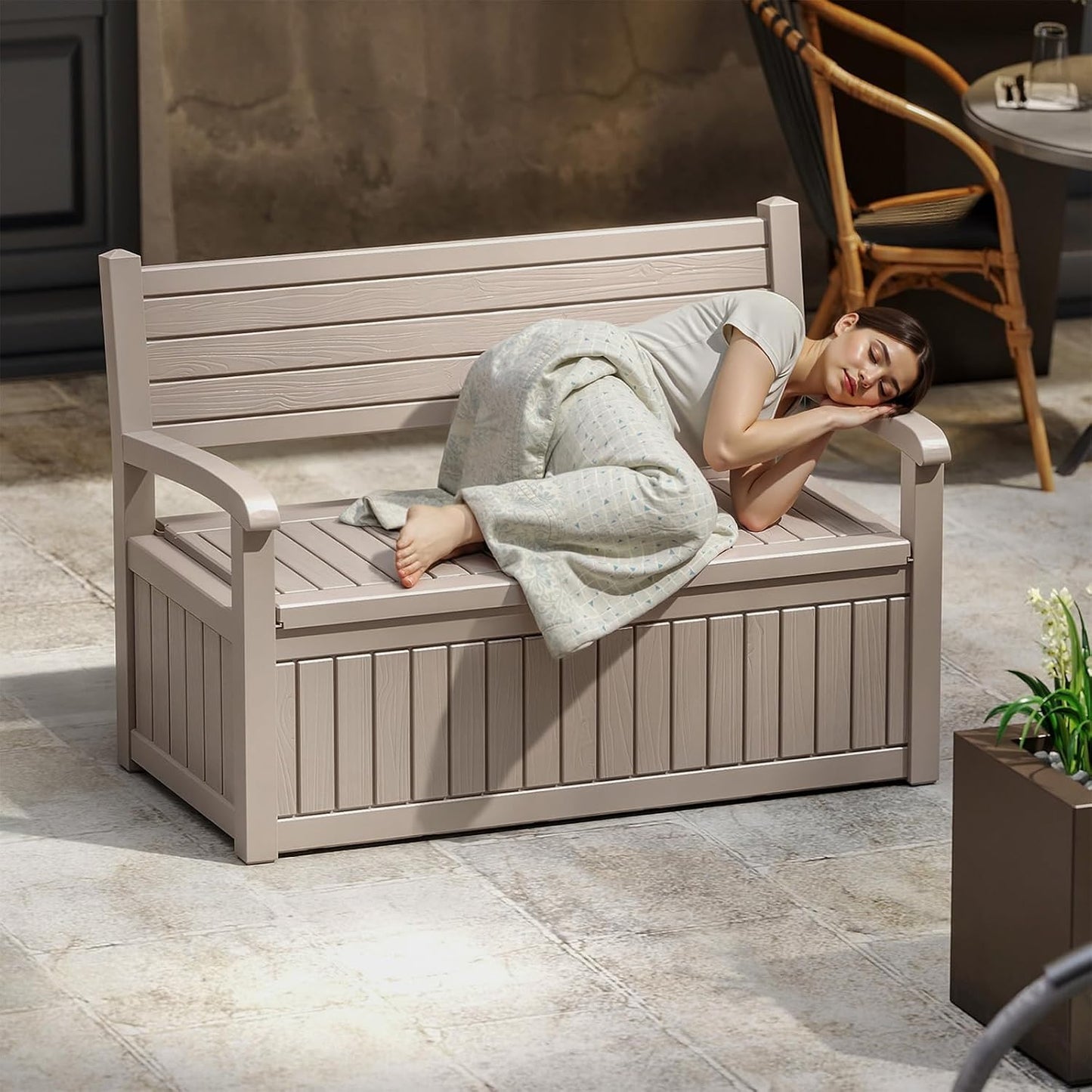EasyUp 100 Gallon Outdoor Storage Bench, Waterproof Resin Deck Box with Lockable Lid Indoor Outdoor Storage Cushions Furniture Tools for Patio,Garden,and Porch (Beige)