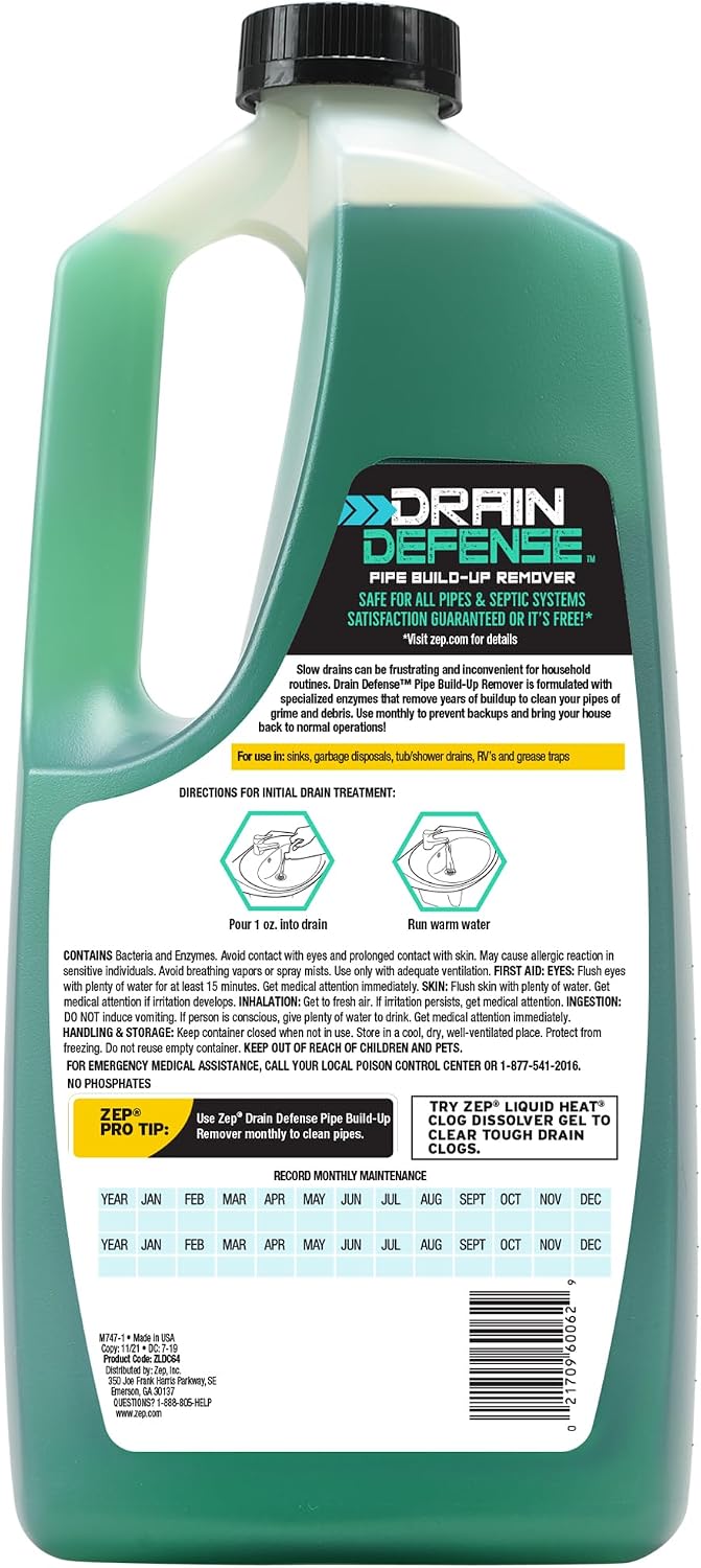 Zep Drain Defense Pipe Build-Up Remover - 64 Ounces - ZLDC648 - Professional Strength Liquid Pipe Build Up Remover,GREEN | Professional Strength, Liquid Formula