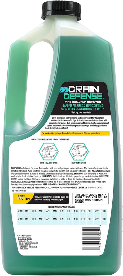Zep Drain Defense Pipe Build-Up Remover - 64 Ounces - ZLDC648 - Professional Strength Liquid Pipe Build Up Remover,GREEN | Professional Strength, Liquid Formula