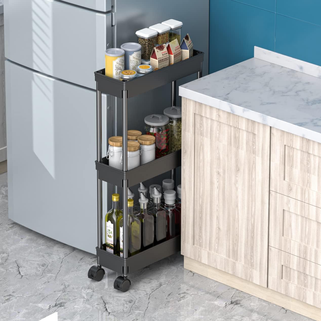 Sooyee 3 Tier Rolling Cart with Wheels, Slim Storage Cart, Under Desk Narrow Rolling Utility Cart Storage Organizer for Office Bathroom Kitchen Laundry Room Narrow Places, White, Plastic and Metal