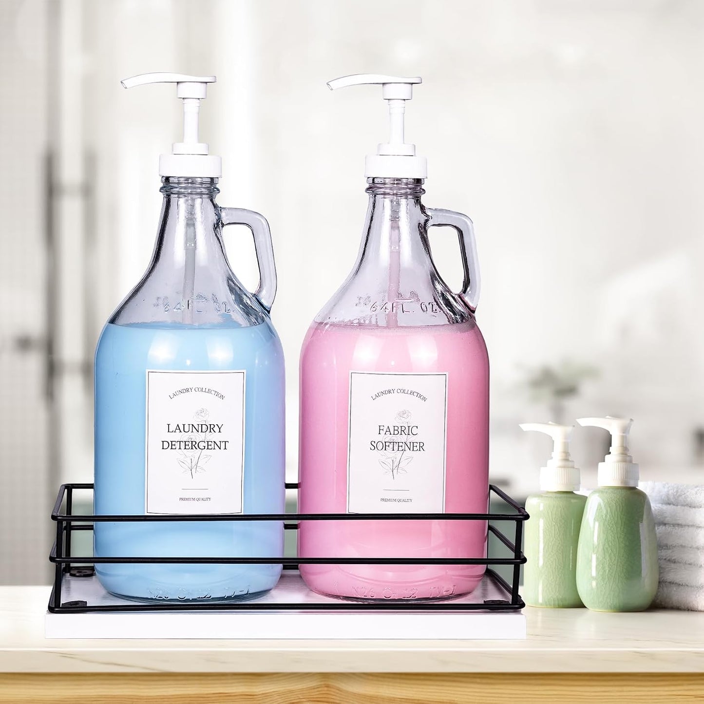 Glass Laundry Detergent Dispenser,1 Gallon Large Liquid Soap 2 Pack(Gold) | Complete borosilicate jars set with leakproof spigots, protective silicone mats, minimalist labels, and dosing cups