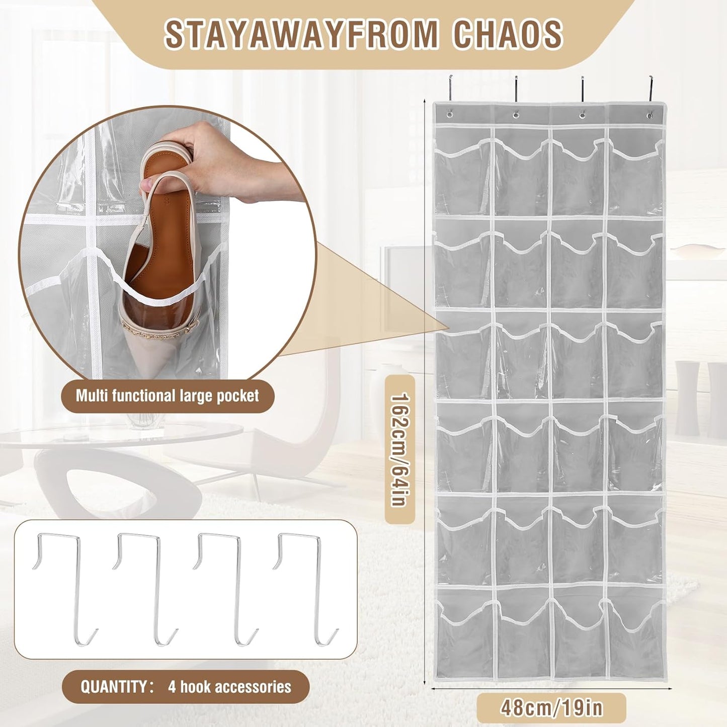 GOMAJI Over the Door 24 Pocket Hanging Shoe Organizer, Space Saving Hanging Storage Holder, Gray, (64" X 19")